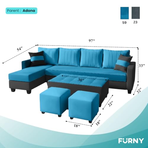 Image of FURNY Avenue 8 Seater Fabric LHS L Shape Sofa Set with 1 Centre Table & 2 Puffy (Aqua Blue-Dark Grey) Premium Velvet Finish