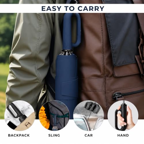 Image of FLYNGO Umbrella for Rain Big Size with Carabiner Handle, UV Coated 3-Fold Travel Umbrella for Sun Protection, Windproof Reinforced 10 Dual Ribs, Automatic Open /Close