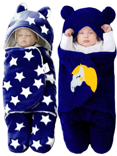 Image of BRANDONN Baby Blankets New Born Combo Pack of Wearable Super Soft Baby Wrapper Baby Sleeping Bag for Baby Boys /Girls (76cm x 70cm, 1-6 Months, Pack of 2 Pcs, Fur, navy blue, lightweight