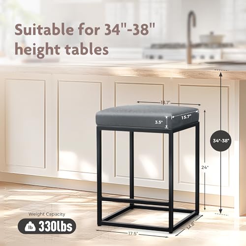 Butacos de barra ALPHA HOME, altura 24 pulgadas, juego de 2, color gris con cojín y patas negras, estilo moderno, estructura de metal y asiento de cuero sintético miniatura 2