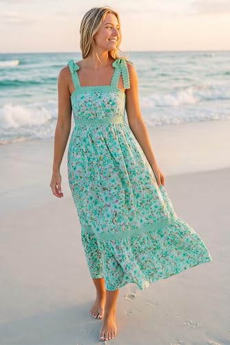 Image of Opemiby Womens Maxi Dress Spring Summer Sleeveless Lace Strap Empire Waist A Line Side Pockets Beach Casual Long Dresses