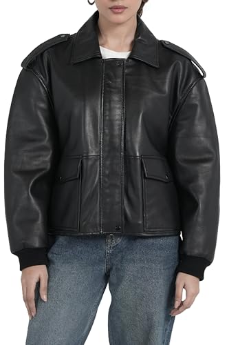 STREGA Women’s Oversized Cropped Lambskin Leather Bomber Jacket – Premium