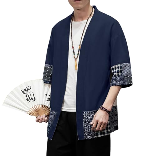 Image of PRIJOUHE Men's Kimono Jackets Cardigan Lightweight Casual Cotton Blends Linen Seven Sleeves Open Front Coat Outwear