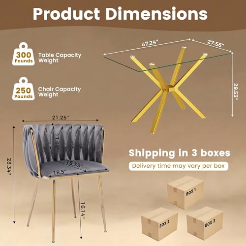 Image of Golden Glass Dining Table Set for 4 with 47.2 inch Rectangular Tempered Glass, 5 Pieces Kitchen Table Set with 4 Comfortable Velvet Chairs for Living Room, Apartments Small Place, Cafe (Grey Chairs)