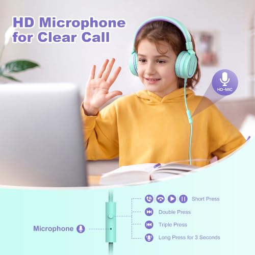 Image of AILIHEN I35 Kids Headphones for School with Mic, 93dB Volume, Green Purple | Wired On Ear Headphones for Girls Boys, 3.5mm Foldable Lightweight for Classroom Chromebook, Laptop, Computer, Tablet