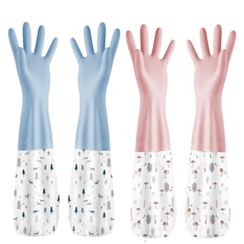 Reccisokz 2 Pares De Guantes para Lavar Platos De Cocina,Guantes De Jardinería para Mujer,Guantes De Limpieza De Algodón De Puño Largo,Forrados,Aptos para Uso Doméstico,Lavandería,Jardinería