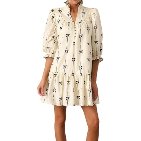 PINUPART Women's Casual Short Puff Sleeve Ruffle V Neck Button Bow Print Mini Dress with Pockets Ivory L Cover
