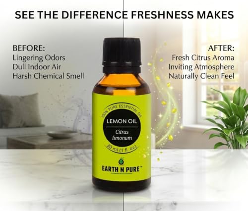 Image of Earth N Pure Lemon Essential Oil 100% Pure & Natural | for Diffuser, Aromatherapy, Skin Care, Hair Care & Cleaning | Citrus Aroma for Fresh Mood & Home Use | Undiluted Therapeutic Grade - 30ml