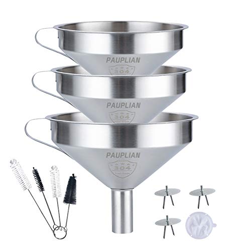 Pauplian Stainless Steel Funnels for Kitchen Food Grade Kitchen Metal Funnel for Liquid Spice Powder Oils 456Inch Cooking Funnels Set of 3 with 4pcs Strainer Filter 4pcs Cleaning Brush11in1