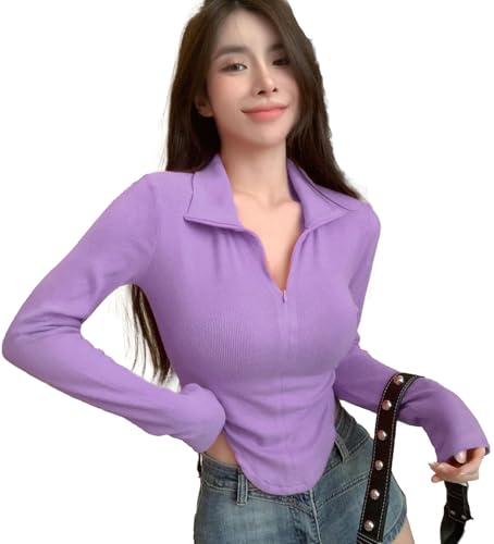 Image of Istyle Can Women's Top Solid Long Sleeve Ribbed Asymmetric Hem Casual T-Shirt with Zipper Collar. Full Sleeve, Rib Knit, Plain, Slim Fit
