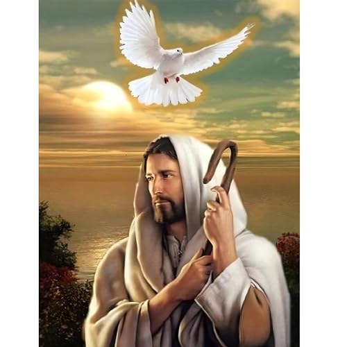 Ohhvvow Jesus Diamond Art Painting Kits for Adults, Full Drill Faith Diamond Dots Paintings for Beginners, Round 5D Peace Bird Paint with Diamonds Pictures, Dove Gem Art Painting DIY Crafts 12x16 Inch