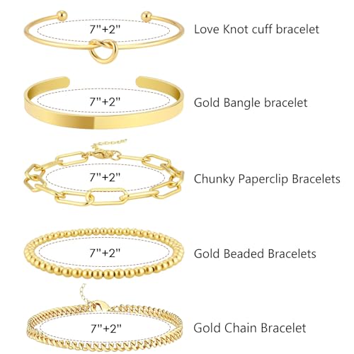 Gold Bracelets for Women Stack,14K Gold Plated Bangle Cuff Bracelet Stack Adjustable Tennis Set Non Tarnish Gold Beaded Paperclip Link Chain Bracelets Jewelry for Women Trendy2