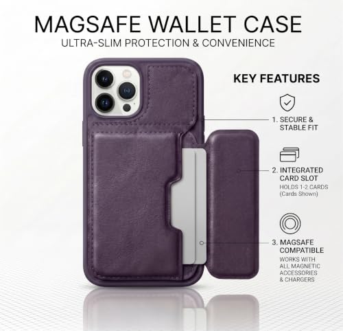 Image of amazon basics Luxury Vegan Leather Back Cover for iPhone 15 Pro | Built-in Card Holder Slot | Integrated Mobile Stand | Slim Shockproof Protective Case with Stitched Finish - Purple