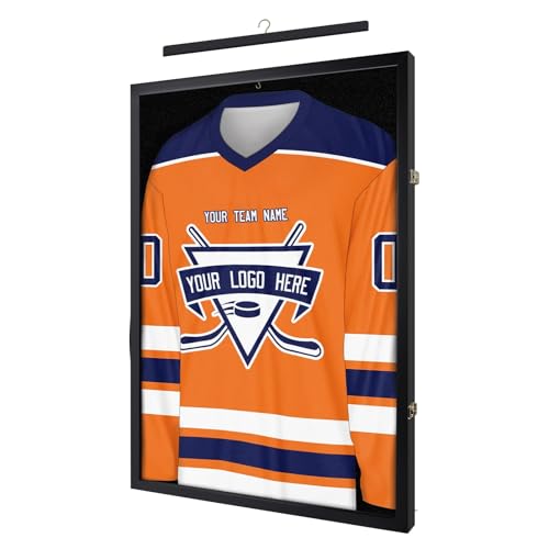 1DOT2 26x37 XL Large Jersey Frame Display Case for Wall Display Lockable Shadow Box Frame with Grade A Natural Pine Wood HD Acrylic Front for Hockey Soccer Basketball Football Uniform Shirts Black