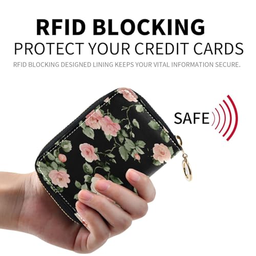 Small RFID Credit Card Holder Wallet with Zipper, Leather Wallet Case for Women Little Roses2