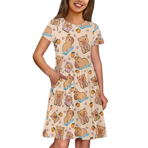 Image of Girls Dress with Pockets Basic Short Sleeve High Waist Swing Skater Dress School Party Dress for Kids
