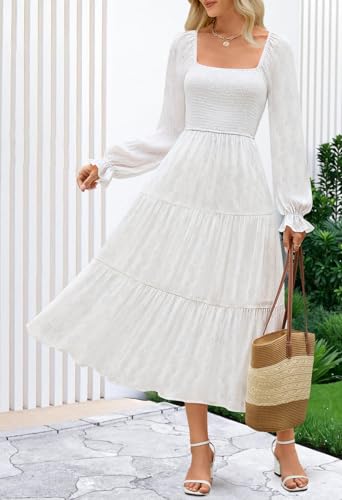 MEROKEETY Women's Fall Long Sleeve Floral Midi Dress Smocked Ruffle Tiered Square Neck Wedding Guest Dresses Pockets3