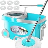FunClean Spin Mop and Bucket,Mop and Bucket with Wringer Set for Home,360 Spinning Mopping Floor Cleaning Tool with 6 Microfiber Replacement Head Refills,61' Extended Handle, 2X Wheel - Blue
