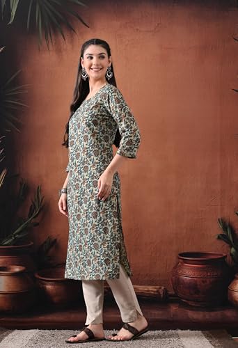 Image of Ichaa Women's Pure Cotton A-Line Katha-Work Ethnic Round-Neck Kurta with 3 /4th Sleeve for Daily and Office Wear, in Plus Sizes