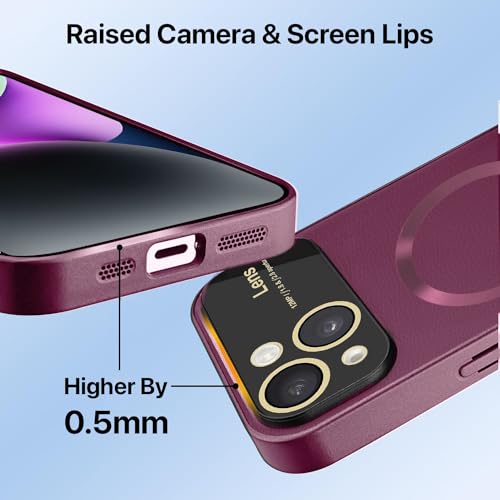 Image of Vaku Luxos Premium Polarized Leather Back Cover for iPhone 14 Texture Full Lens Protection Silicon Case Scratch Resistant Slim Thin Compatible with Mag-Safe - Cherry
