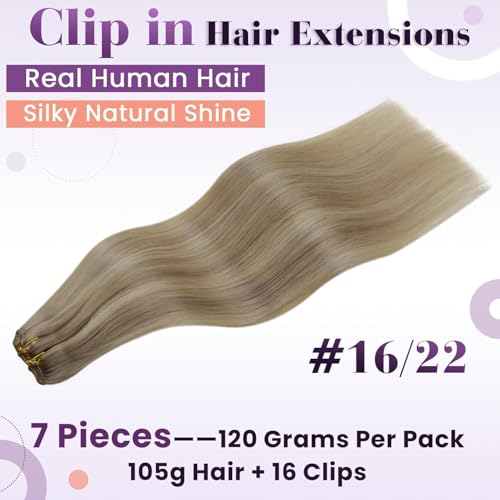 LaaVoo Clip in Hair Extensions Real Human Hair Blonde Hair Extensions Clip in 24 Inch 120g 7pcs Full Head Straight Highlight Golden Blonde Remy Hair Double Weft #16/22 - Image 2