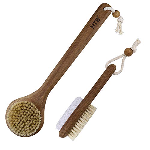 Teak Wooden Bath Brush for Dry Skin & Exfoliating, Body Brush Set- Natural Bristles Long Handled Shower Brush and Foot Brush with Pumice Stone By HTB