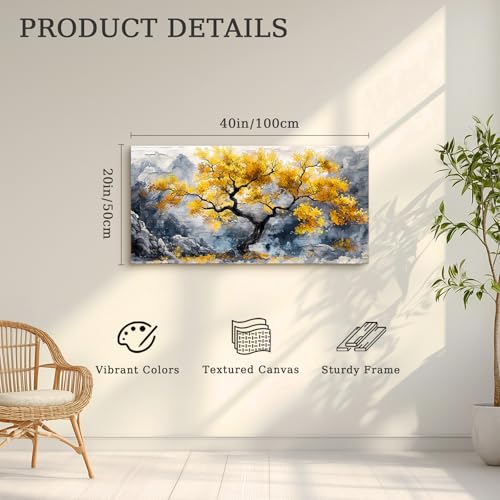 crmotu Tree of Life Large Wall Art, Chinoiserie Scenic Ink Paintings, Mountain Tree Landscape Artwork for Walls, Abstract Watercolor Modern Wall Decor Living Room Bedroom Office Art Prints 20x40inch