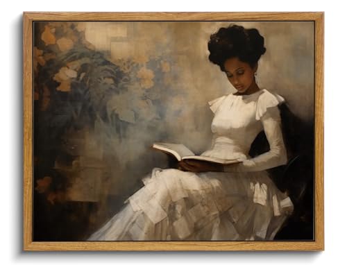 Image of KISSFOX Vintage Framed Wall Art Decor Victorian African American Pictures Paintings Wall Decor Moody Black Girl Reading A Book Canvas Art Prints Modern Farmhouse Black Woman Artwork For Kitchen