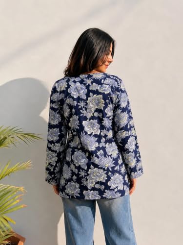 Image of Women Rayon Printed Short Kurti for Women | Floral V Neck Short Kurta Top | Full Sleeve Casual Kurti for Girls & Women