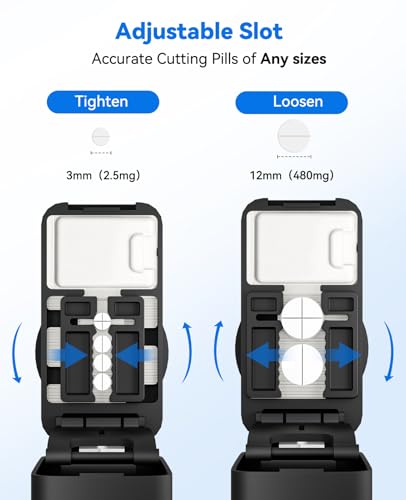 Image of Pill Cutter Splitter for Small and Tiny Pills - Professional 1 /2 1 /4 Pill Splitter with Adjustable Centering Slot, Accurately Cut Multiple Tablets with Safety Blades & Silicone Storage Box (Black)