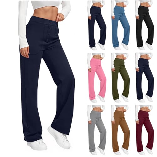 HGps8w Wide Leg Dress Pants for Women Button High Waisted Causal Straight Business Office Trousers with Pockets2