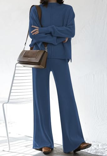 Linsery Women 2 Piece Sweater Sets High Neck Knitted Pullover Wide Leg Casual Sweatsuit3