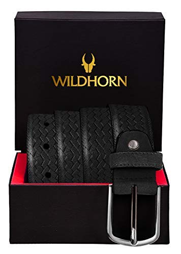 Image of WildHorn Men's Leather Belt Gift Set | Genuine Leather belt Strap with 2 Interchangeable Buckles | Formal & Casual Wear Adjustable Belt | Automatic lock leather belt for men