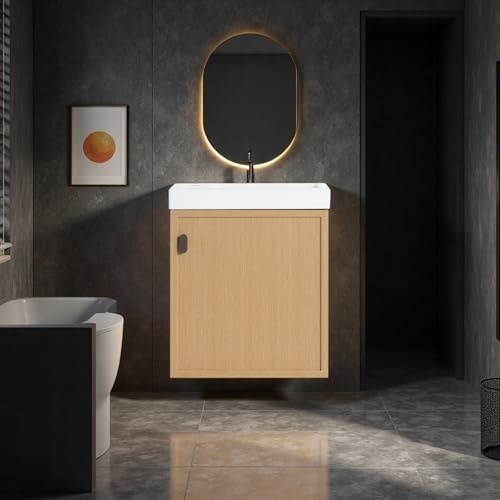 Image of 18.5 inch Bathroom Vanity with Resin Sink, Modern Wall-Mounted Floating Bathroom Vanity with Soft Closed Single Door for Home, Undermount Storage Cabinet, Easy to Clean, Natural Wood