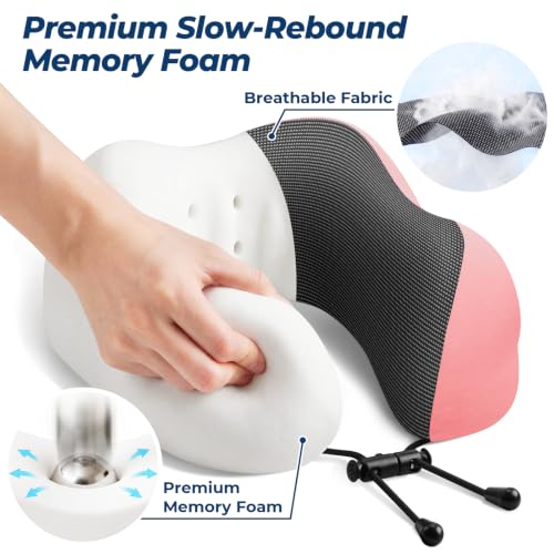 Image of ExploreBliss Travel Pillow, Memory Foam Neck Pillow Airplane, Pink | Travel Pillows for Airplanes, Neck Pillow Airplane, Memory Foam Neck Pillow Set with Eye Mask, Earplugs