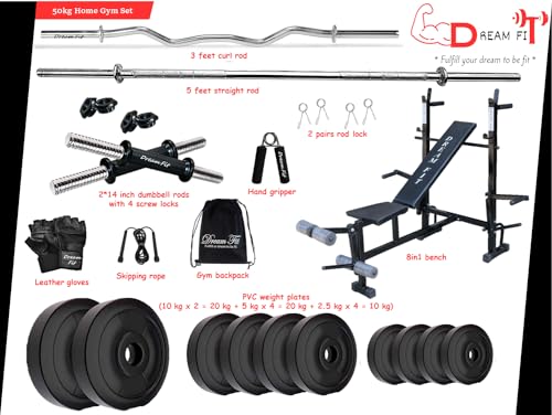 Image of DREAM FIT PVC Home Gym Set - 50 Kg with 8in1 Gym Bench, 3 ft Curling Rod, 5 ft Straight Rod, 1 Pair Dumbbell rods and Gym Accessories (50kg)