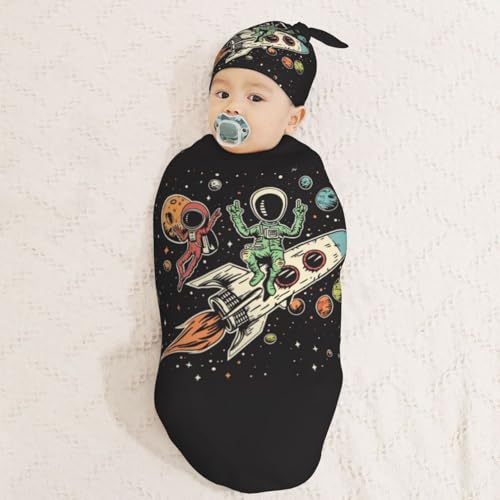 Image of Cute Astronaut and Alien Newborn Swaddle Blanket with Beanie Set Soft Baby Sleep Sack Stretch Adjustable Swaddle Wraps Receiving Blankets