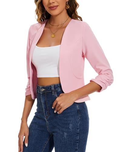 Pink Cropped Blazers for Women 3/4 Ruched Sleeve Open Front Blazer Collarless Tailored Jacket Suits, S4