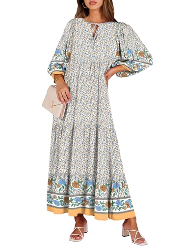 Image of ANRABESS Womens Boho Floral 3 /4 Puff Sleeve Maxi Dress | Tiered Flowy Loose Fit, Comfy Soft Rayon Fabric, Wedding Guest Church Beach, Modest Elegant, Spring Summer Fall Outfits