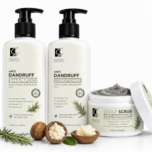 Image of Ultimate Anti Dandruff Kit | Scalp Scrub + Shampoo + Conditioner Combo | 2% Salicylic Acid, Rosemary Oil, Shea Butter & Biotin | Helps Remove Flakes, Cleanse Scalp & Nourish Hair | 600ml