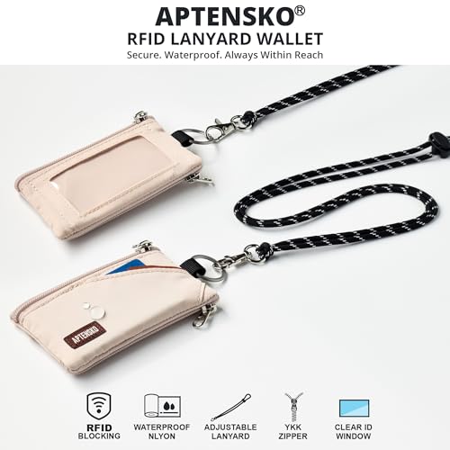 Image of RFID Blocking Travel Wallet with Adjustable Lanyard, Small Nylon Zipper Pouch and Badge Holder for ID, Credit Cards, Cash, Keys, Commuters (Almond White)