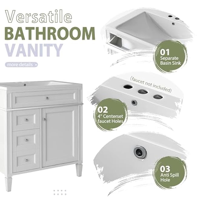 30 Bathroom Vanity with Matching Medicine Cabinet, Modern Sink Storage Cabinet with Drawers, Soft Closing Doors and Shelf, Bathroom Vanities with Sink & Mirror