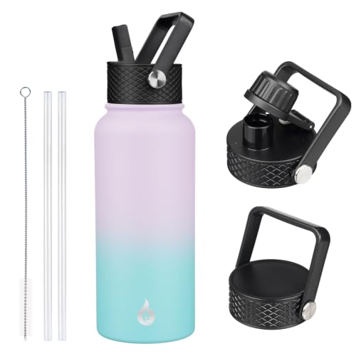 Image of BJPKPK Insulated Water Bottles with Straw Lid, 32oz Metal Large Water Bottle with 3 Lids, Reusable Leak Proof BPA Free Thermo, Stainless Steel Tumblers for Sports, Gym, Travel-Lavender Green