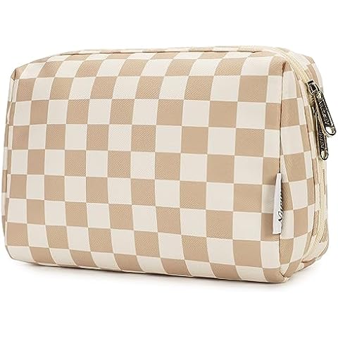 Narwey Checkered Makeup Bag Travel Cosmetic Bag Organizer Toiletry Bag Make Up Bags with Compartments for Women Girls (Large, Light Checkerboard) Cover