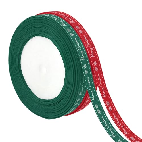 Quacc 2 Rolls Merry Christmas Ribbons 0.4 Gorgeous Wrapping Rope Cute Holiday Fabric Ribbon with Snowflake Pattern for Wrapping Presents Party Gifts DIY Crafts Package Decor (Red Green)