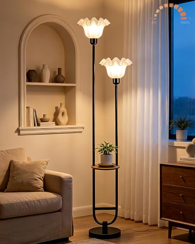 Image of 2-Light Flower Floor Lamp with Side Table, Dimmable Floor Lamp with 3000K Warm White Bulbs, Modern Black Metal Tall Standing Lamp for Living Room Bedroom Sofa Corner Home Decor