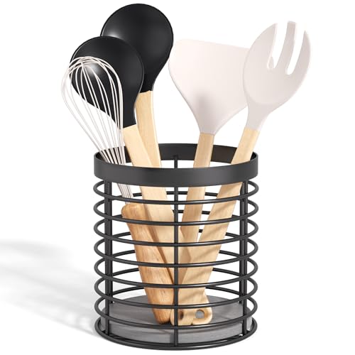 DTONIMA Utensil holder - Large Round Utensils Holder with Diatomaceous Base Matte Black Cooking Utensil Holder,Kitchen countertop Utensil Organizer (Metal)