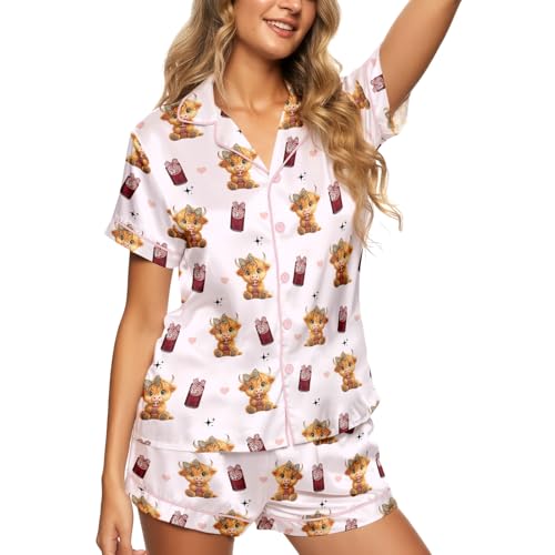 Image of Women 2PCs Satin Pajama Set Short Sleeve Silk Feel Gift Sleepwear | Soft stretch satin; relaxed comfort fit sizes S-3XL for sleep & lounge; short sleeve top, elastic waist shorts; easy care
