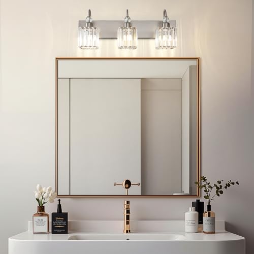 Image of Ralbay Brushed Nickel Vanity Light for Bathroom Crystal 3-Light Modern Crystal Bathroom Light Fixtures