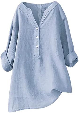 Women's Button Down Shirts Loose Linen Solid Color Roll Up Henley Shirts Beach Going Out Lapel Neck Tops Plus Size D-Blue